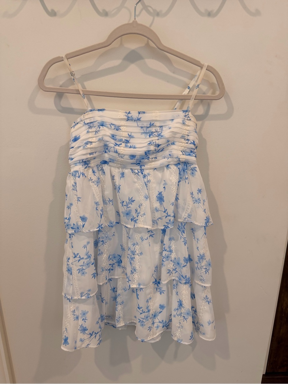 Altar'd State White and Light Blue Floral Tiered Mini Dress